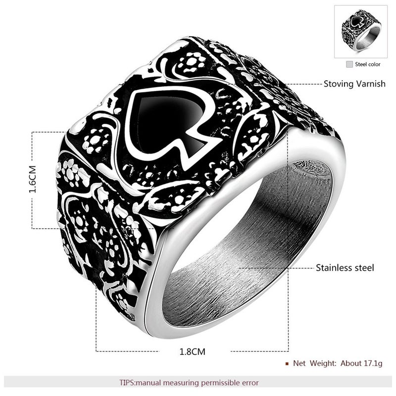 JAJAFOOK Mens Stainless Steel Ring, Poker Spade Ace, Vintage Biker Rings, Black Silver Size 6 7 8 9 - Image 2